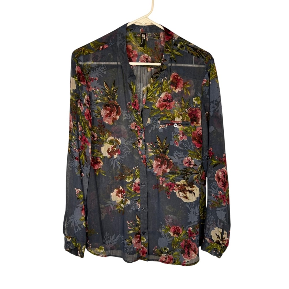 KUT from the Kloth Blue Floral Sheer Button Down Blouse XL KT32101SF